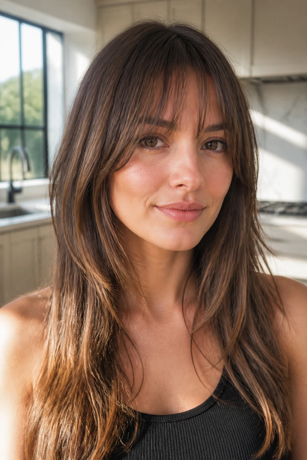 Real woman with blunt-looking long bangs showing movement in a sunny kitchen.