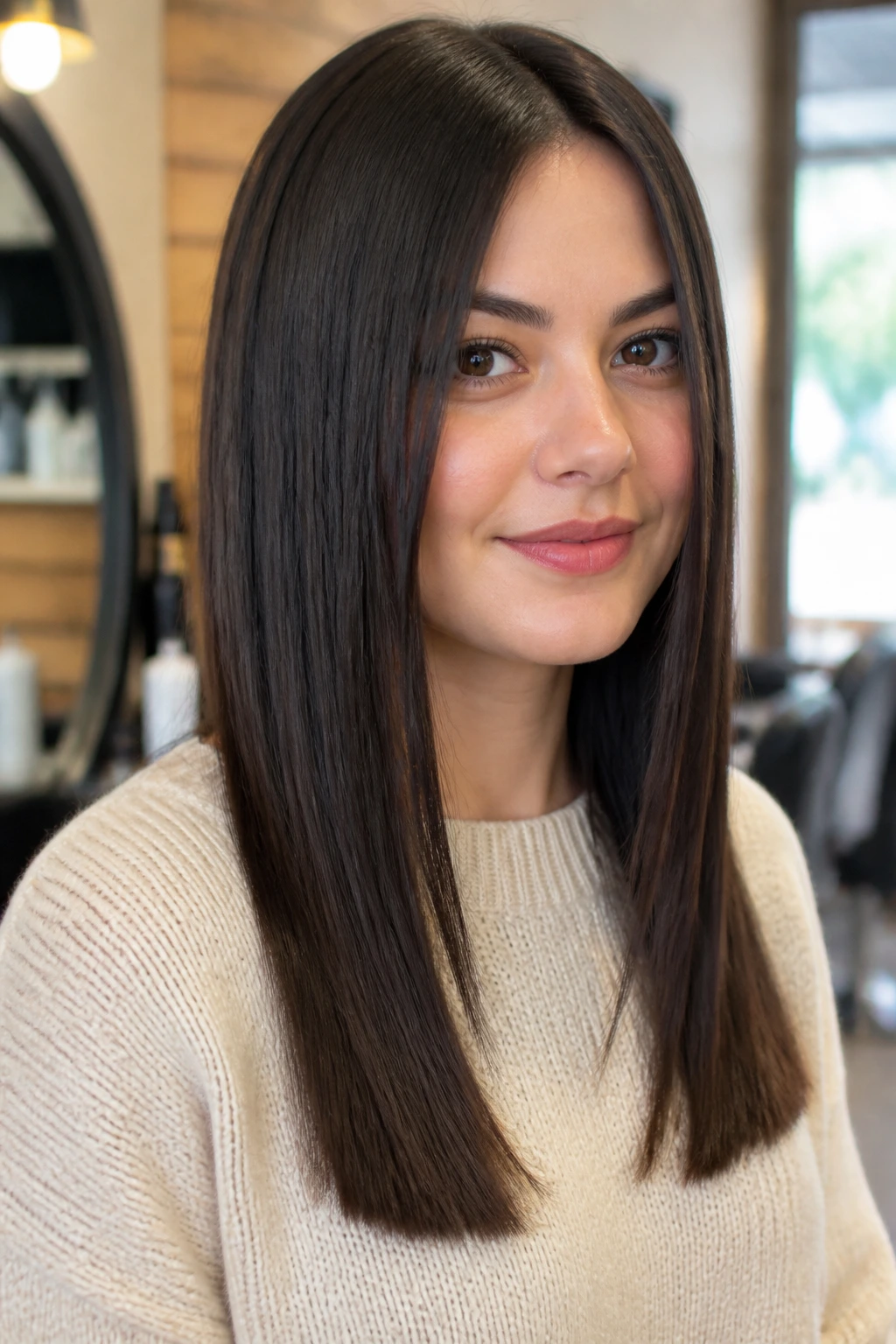 Woman with blunt long cut and subtle front angles