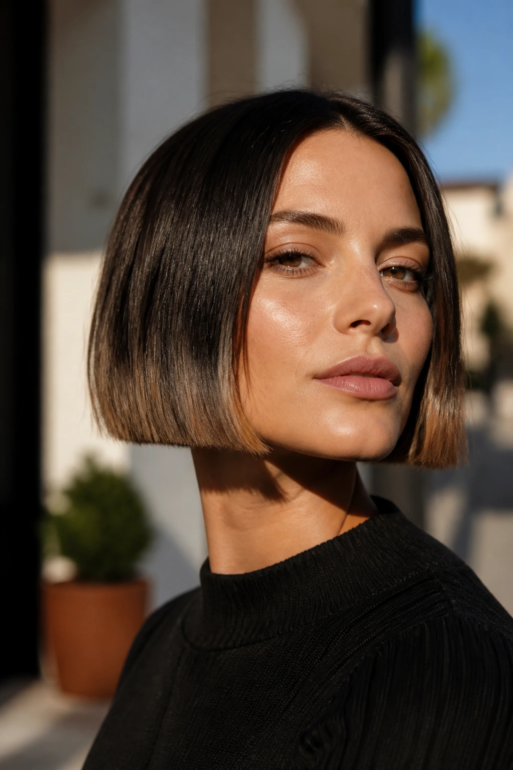 Portrait of a woman with blunt micro bob and caramel ends