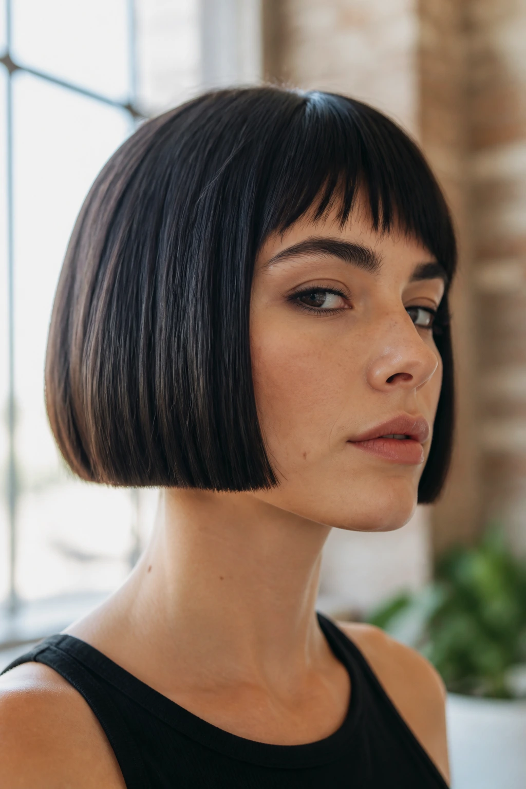 Portrait of person with blunt micro bob showing sharp jawline edge