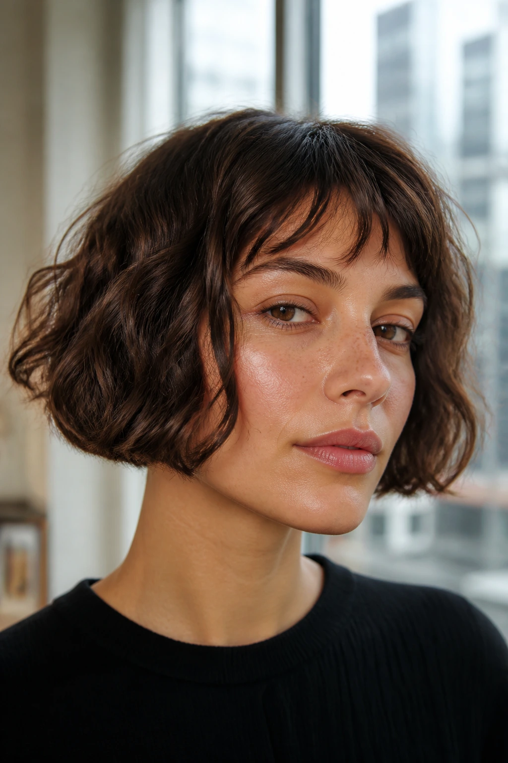 Portrait of woman with blunt micro-bob at jawline and soft waves