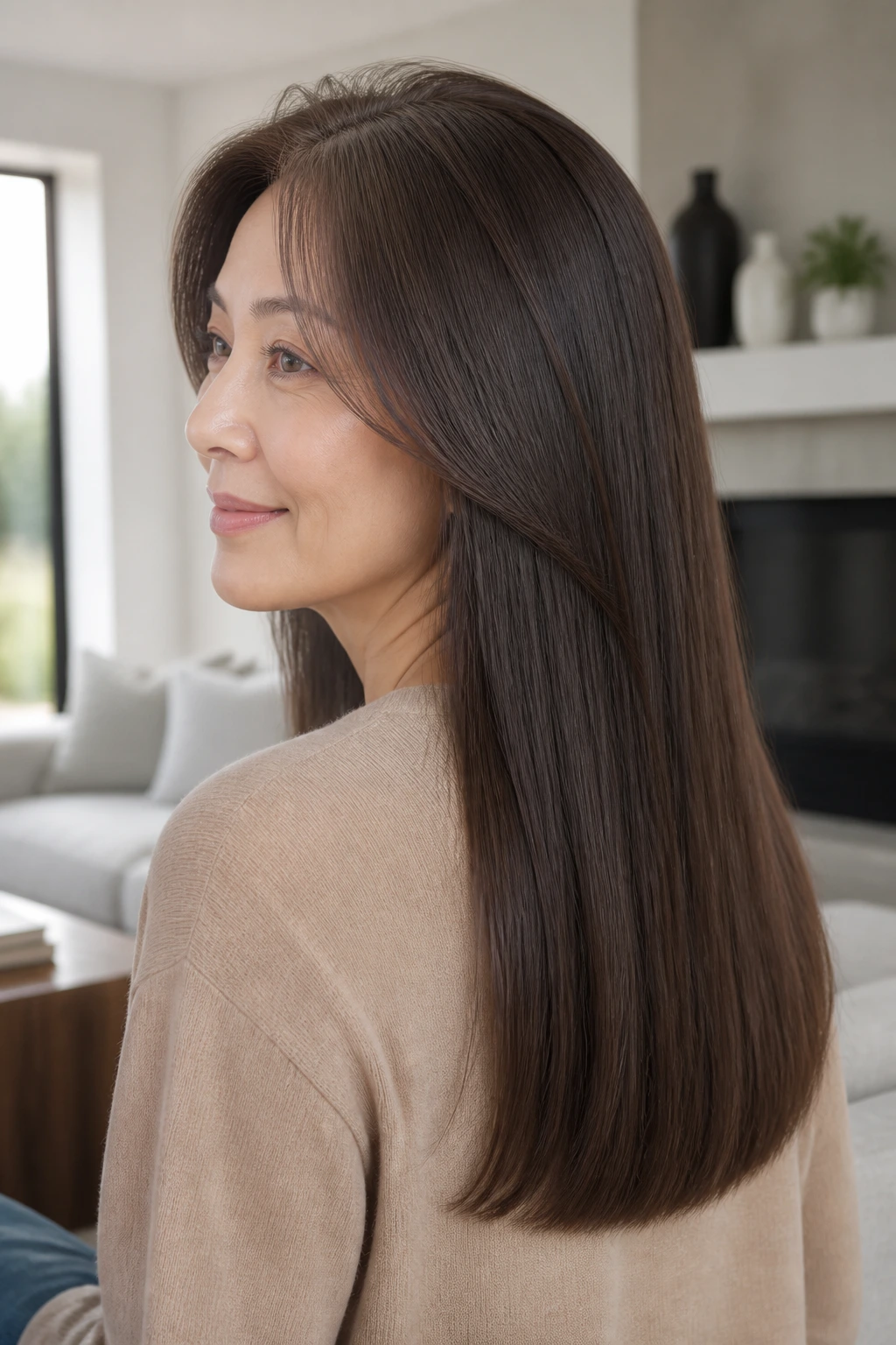 Three-quarter portrait of a real woman with blunt mid-back length and hidden lift