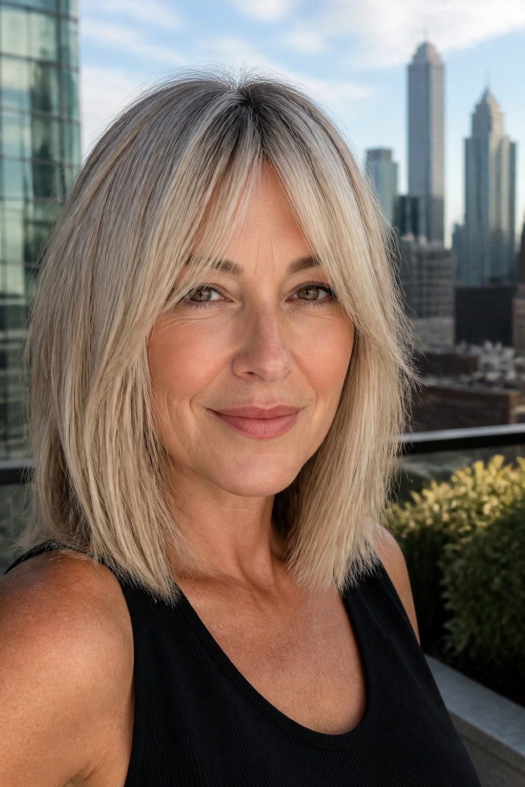 Close-up of a real woman with blunt mid-length cut and piecey curtain bangs, shiny hair with texture