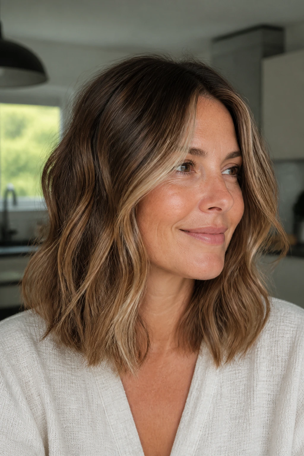 Blunt mid-length cut with soft texturizing and caramel highlights