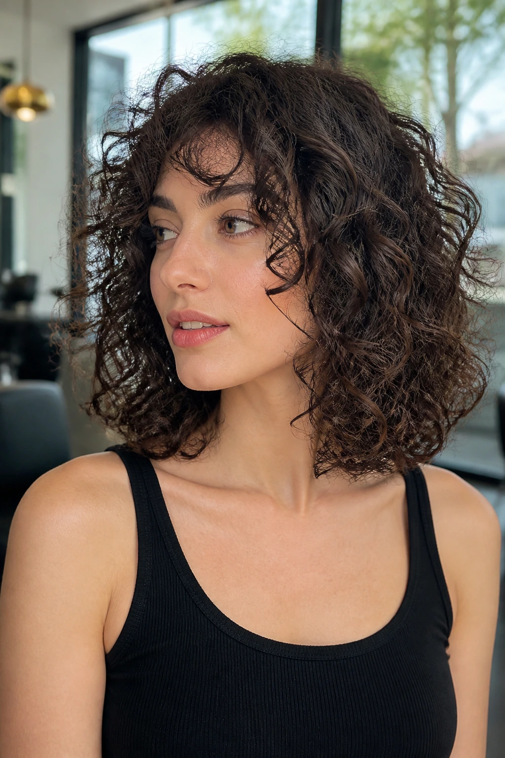 Close-up portrait of a real person with blunt mid-length curly cut and hidden inner debulking