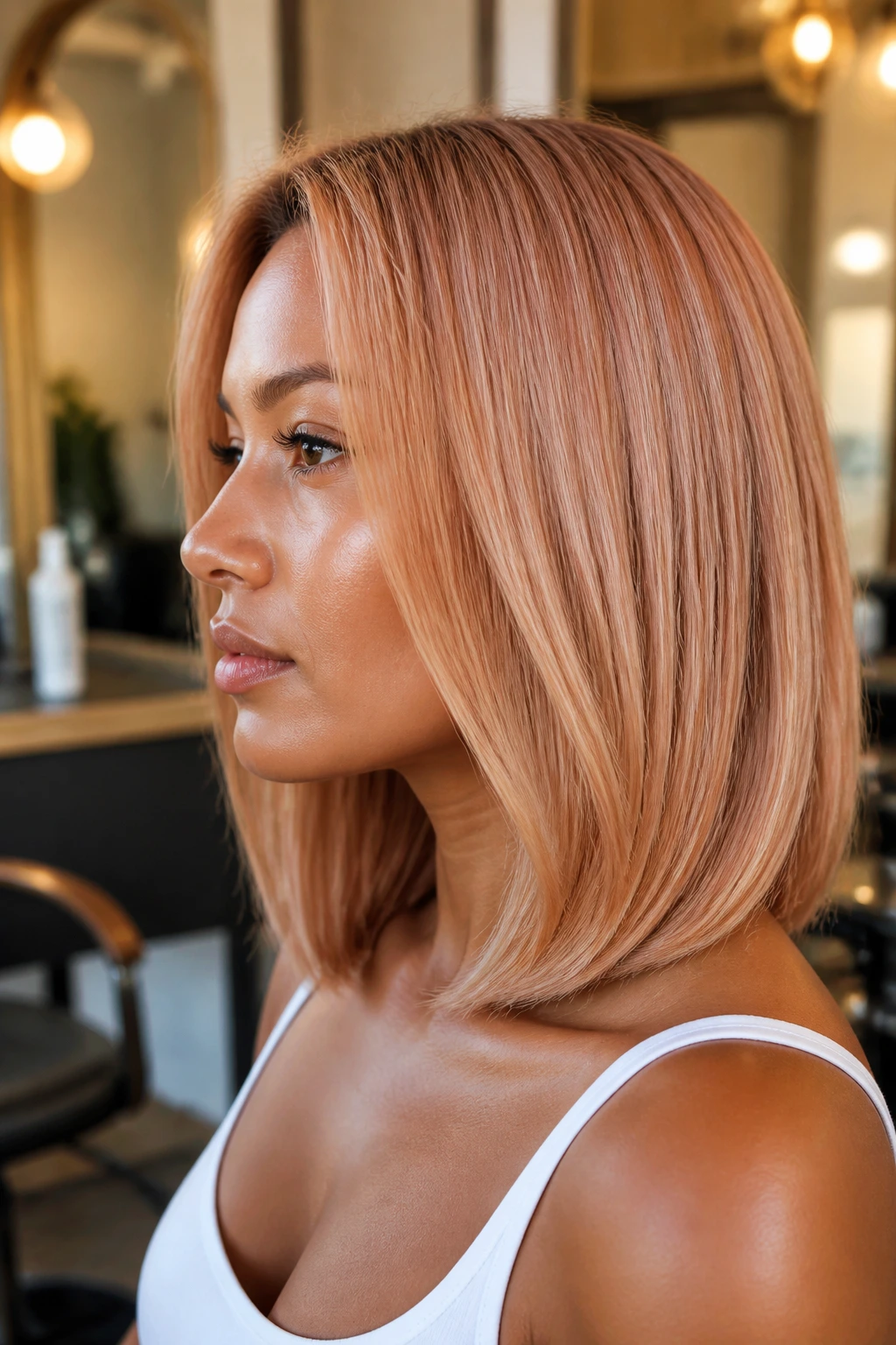 Close-up of a real woman showing a blunt midi cut with champagne strawberry tone on tan skin