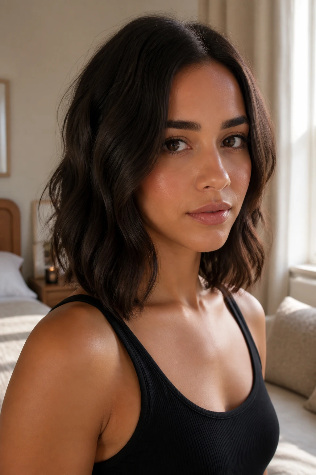 Close-up portrait of a real woman with a blunt midi cut and soft bend in brunette on medium skin tone