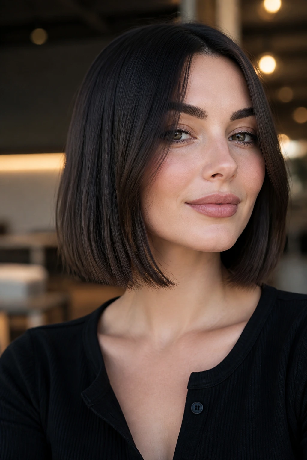 Portrait of a woman with a blunt midi cut featuring hidden texture
