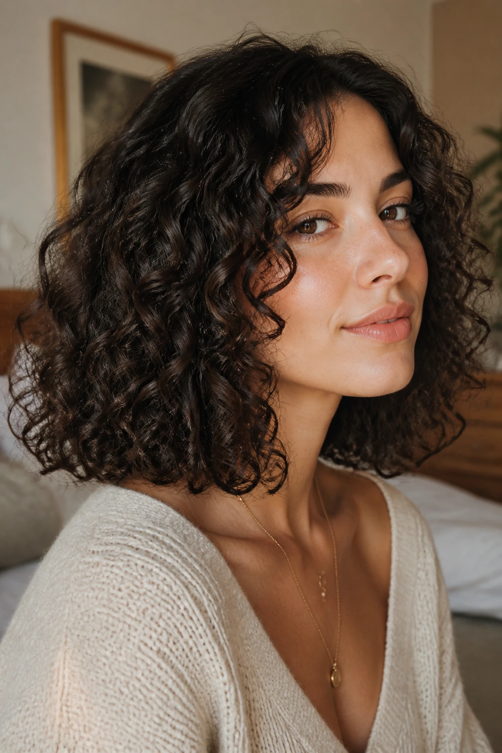 Close-up of a woman with blunt midi curls showing interior weight at collarbone