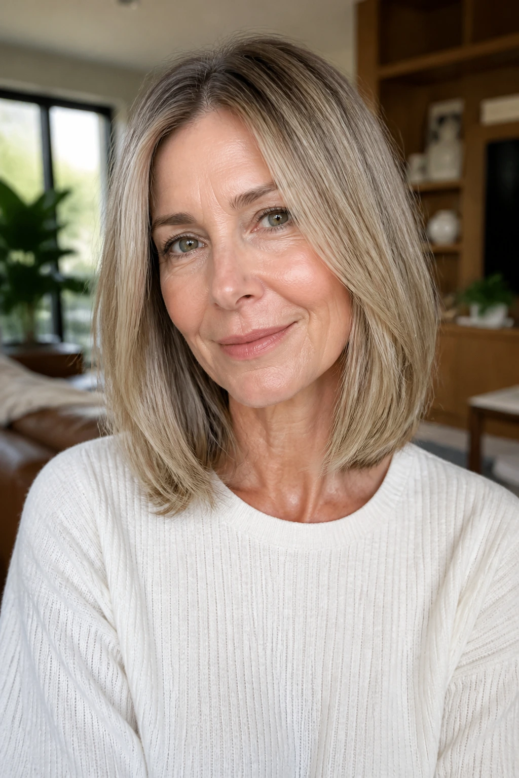Close-up of a real woman with blunt base midi hair and hidden layers