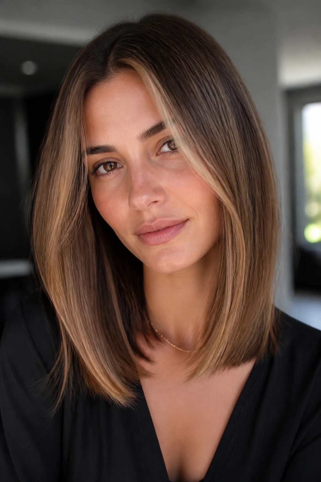 Close-up of a real person with polished blunt midi and hidden internal layers