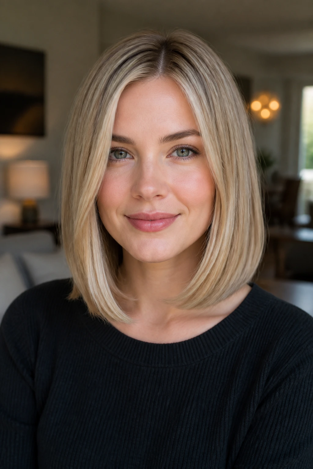 Close-up of real woman with blunt midi and subtle lowlights