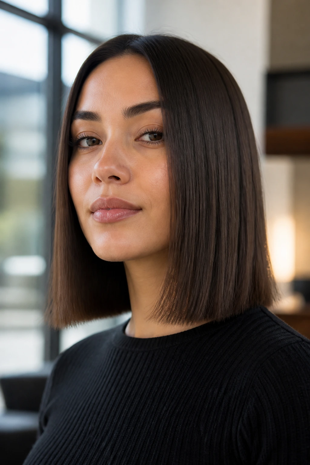 Close-up portrait of a real woman with blunt midi cut and micro-textured ends.
