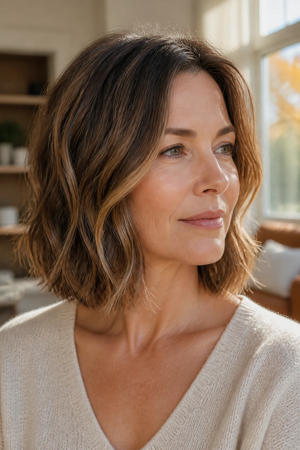 Close-up of a real woman with a blunt midi cut and soft-ended waves.