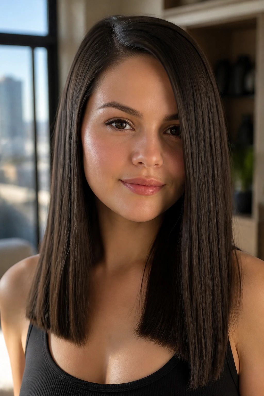 Close-up portrait of a real person with blunt hair and an off-center part.