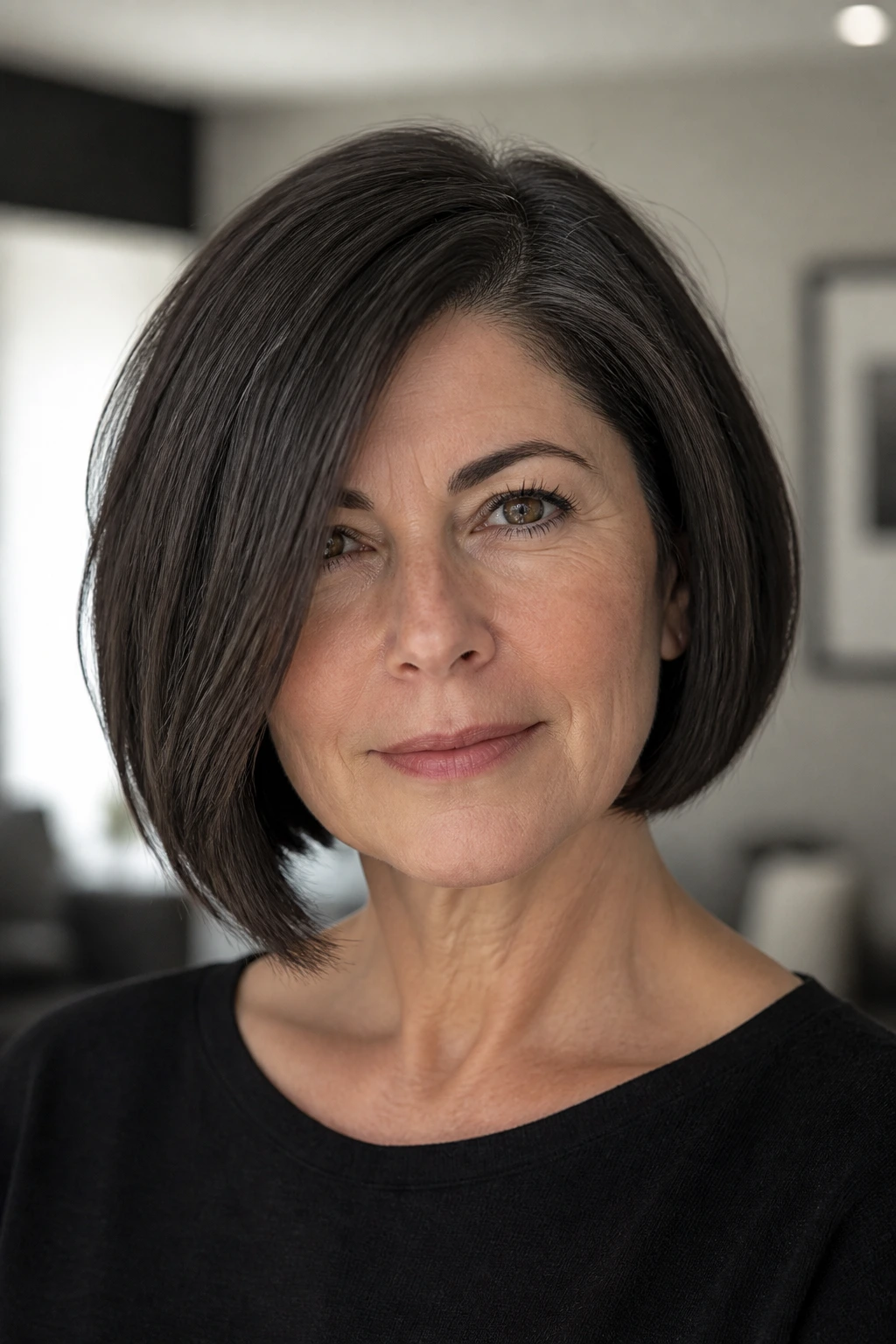 Close-up of a real woman with a thick blunt off-center bob