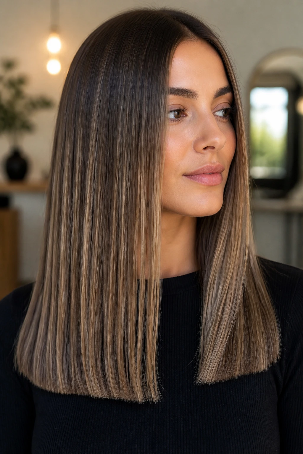 Close-up portrait of blunt one-length hair with honey babylights