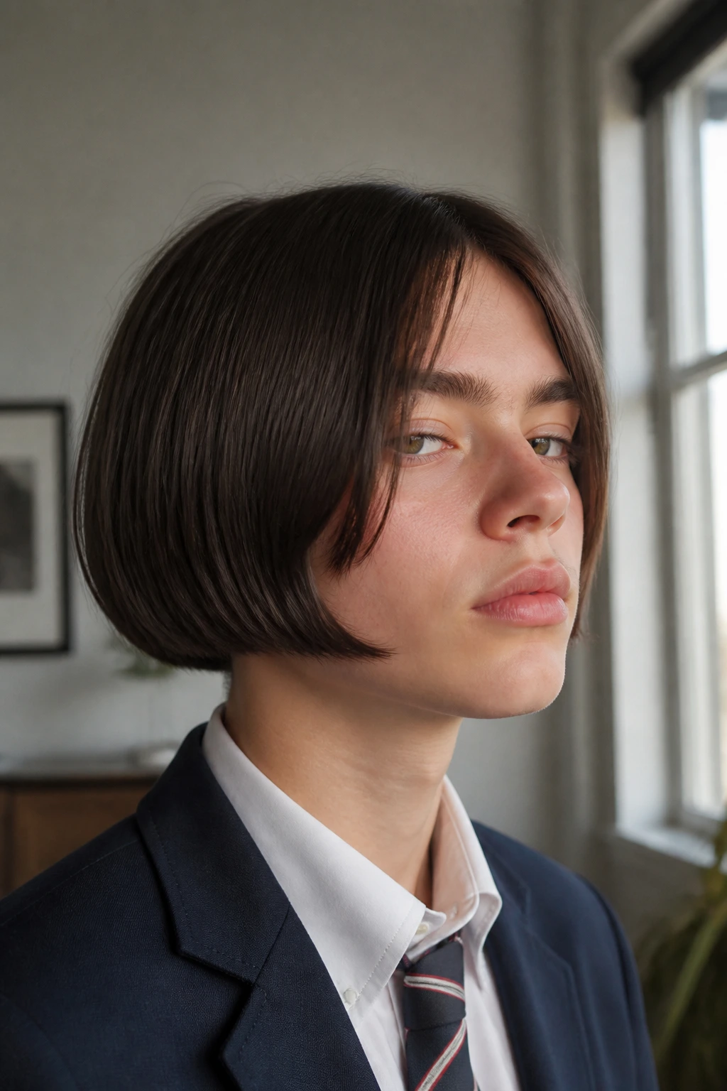 Close-up portrait of a real person with Blunt Pageboy With Micro Face Layers, blunt perimeter and micro layers.