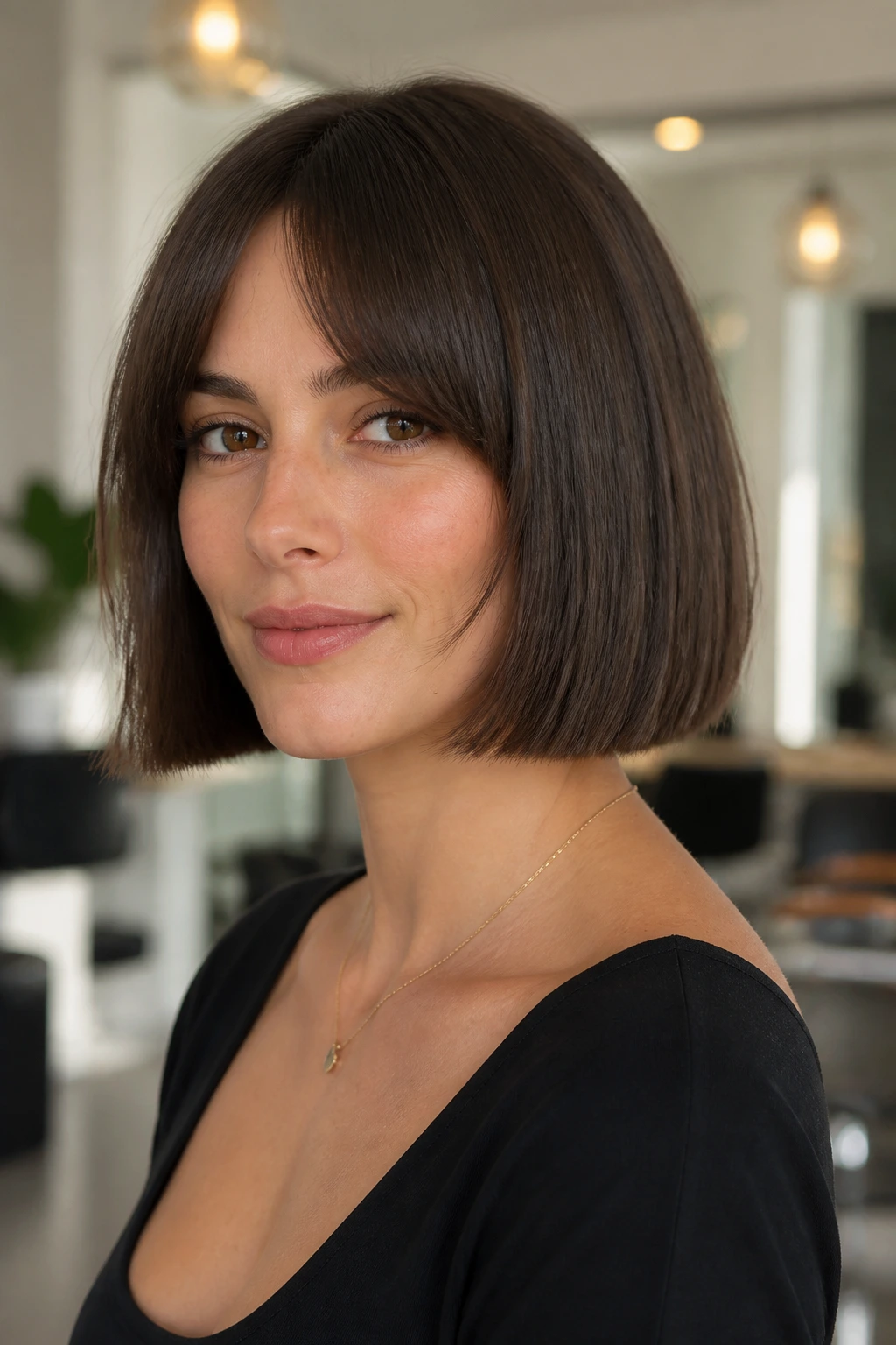 Close-up portrait of a real woman with a blunt perimeter bob and cheekbone bangs.