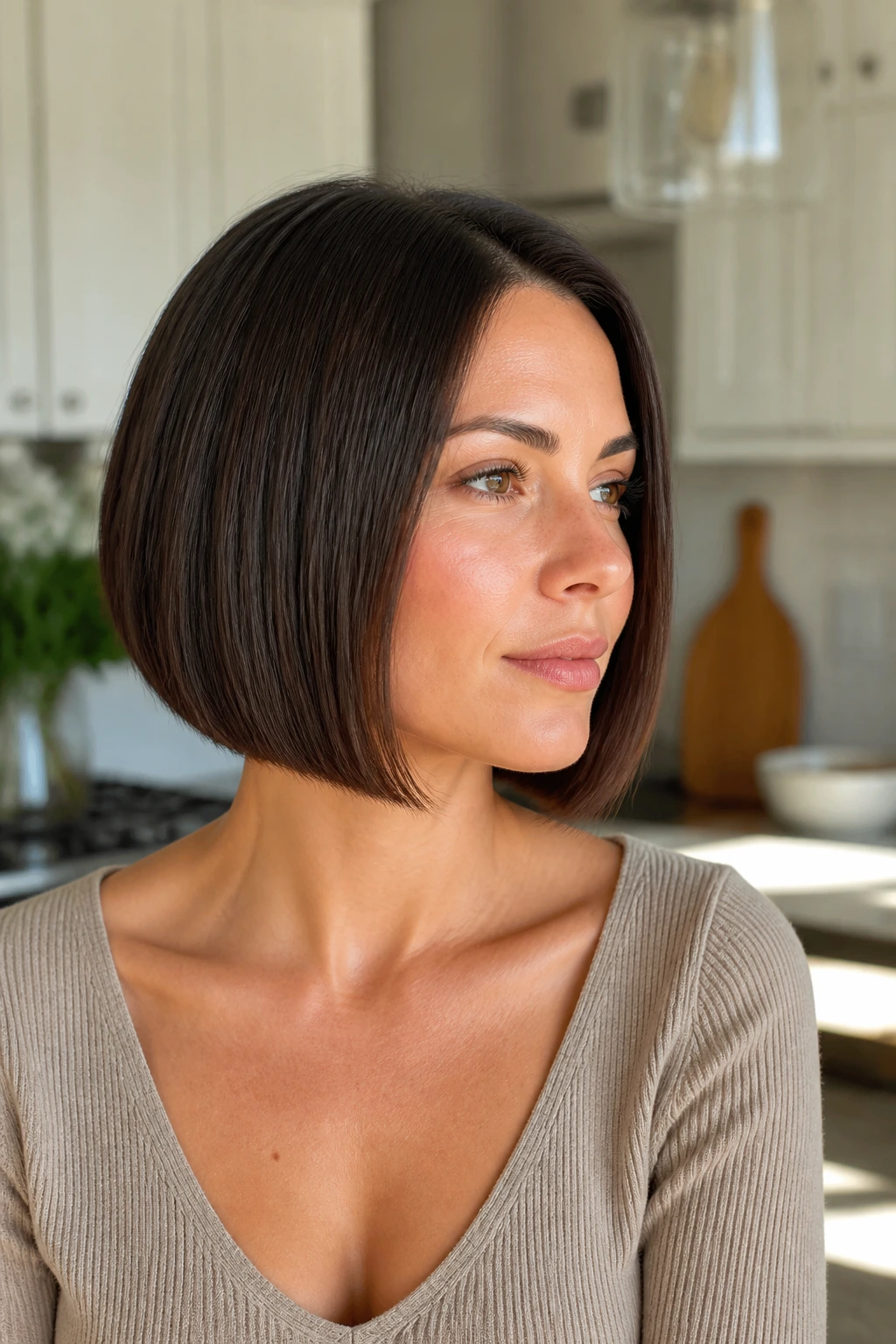 Portrait of a woman with blunt perimeter A-line bob in a sunlit kitchen.