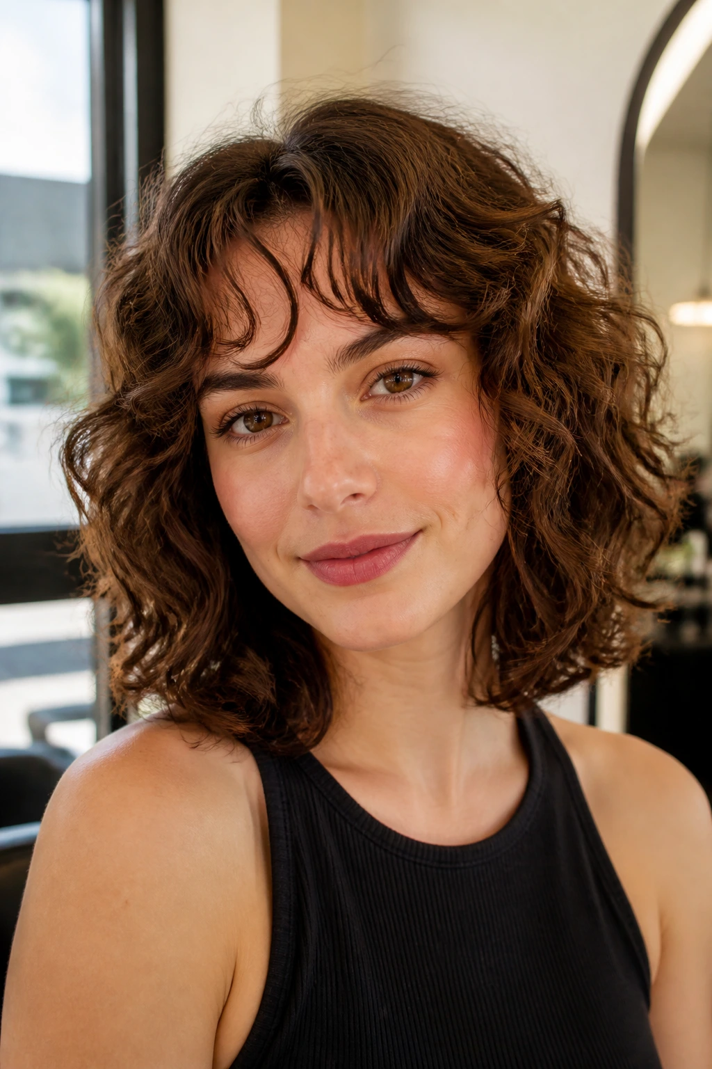 Close-up of a real woman with fine loose curls showing blunt ends and crown lift in warm salon light