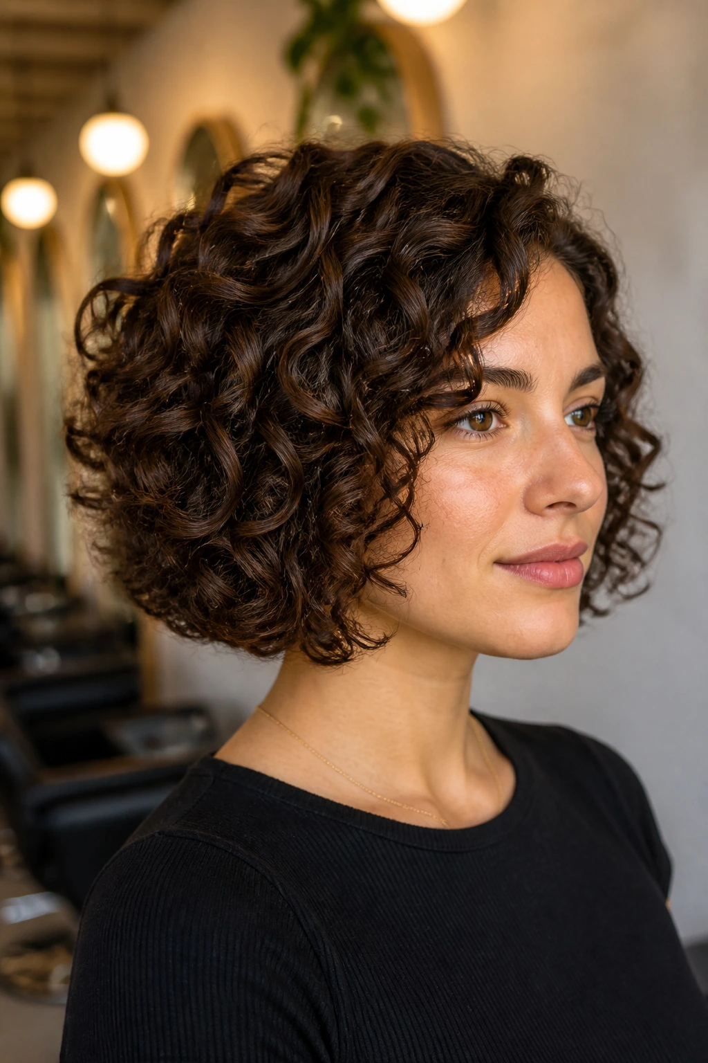 Close-up portrait of a real woman with blunt-perimeter curly bob interior carving