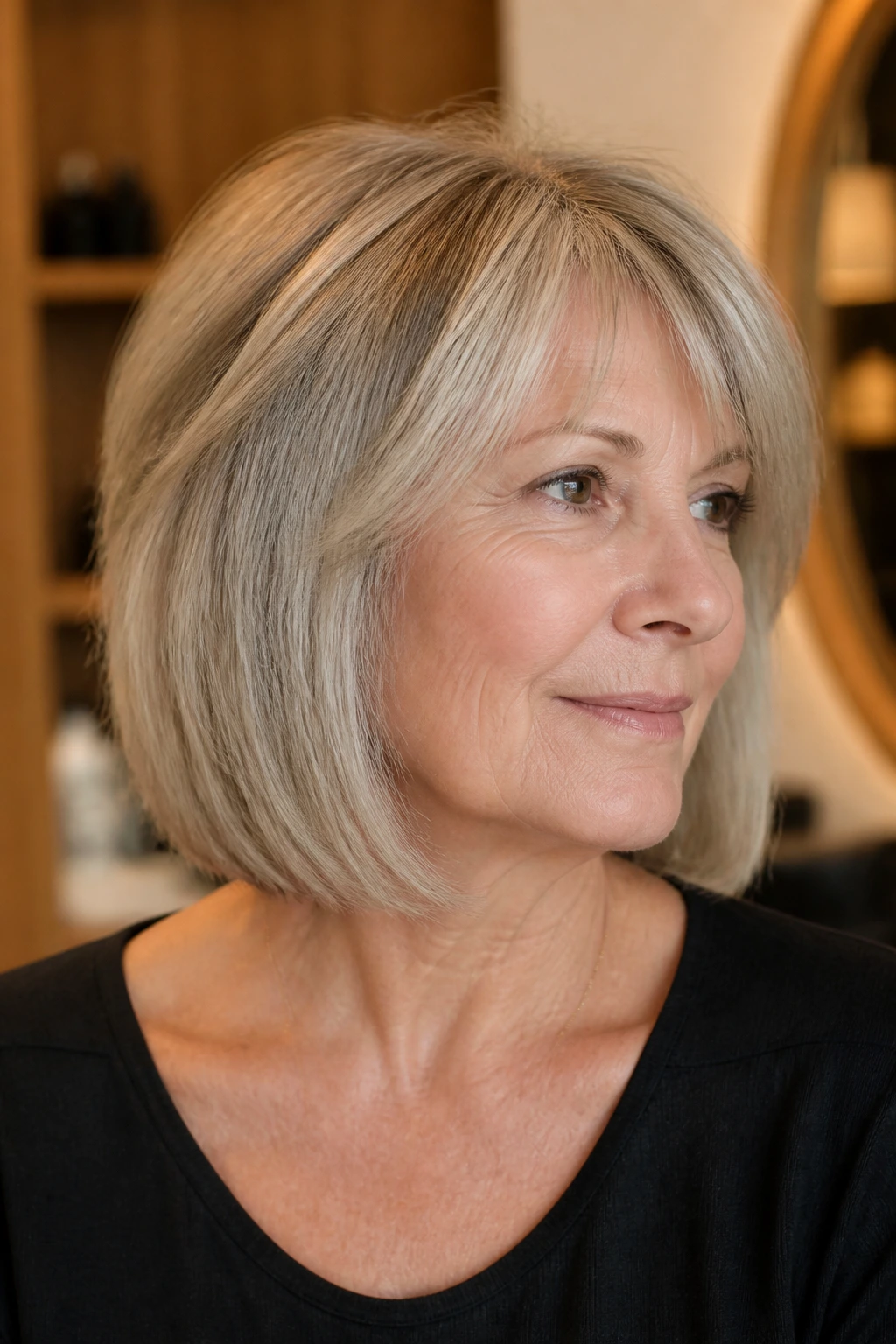 Close-up of a real woman with a blunt perimeter and hidden layers, hair framing the face.