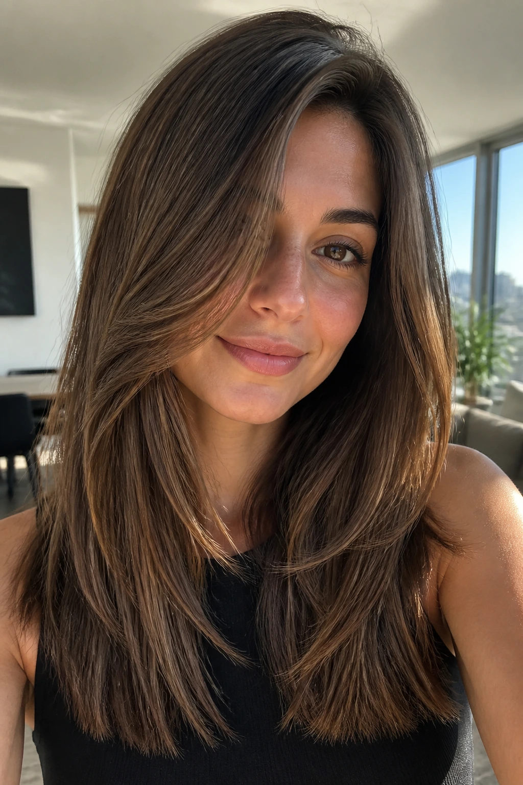 Portrait of a real woman with blunt perimeter long layers and fuller ends