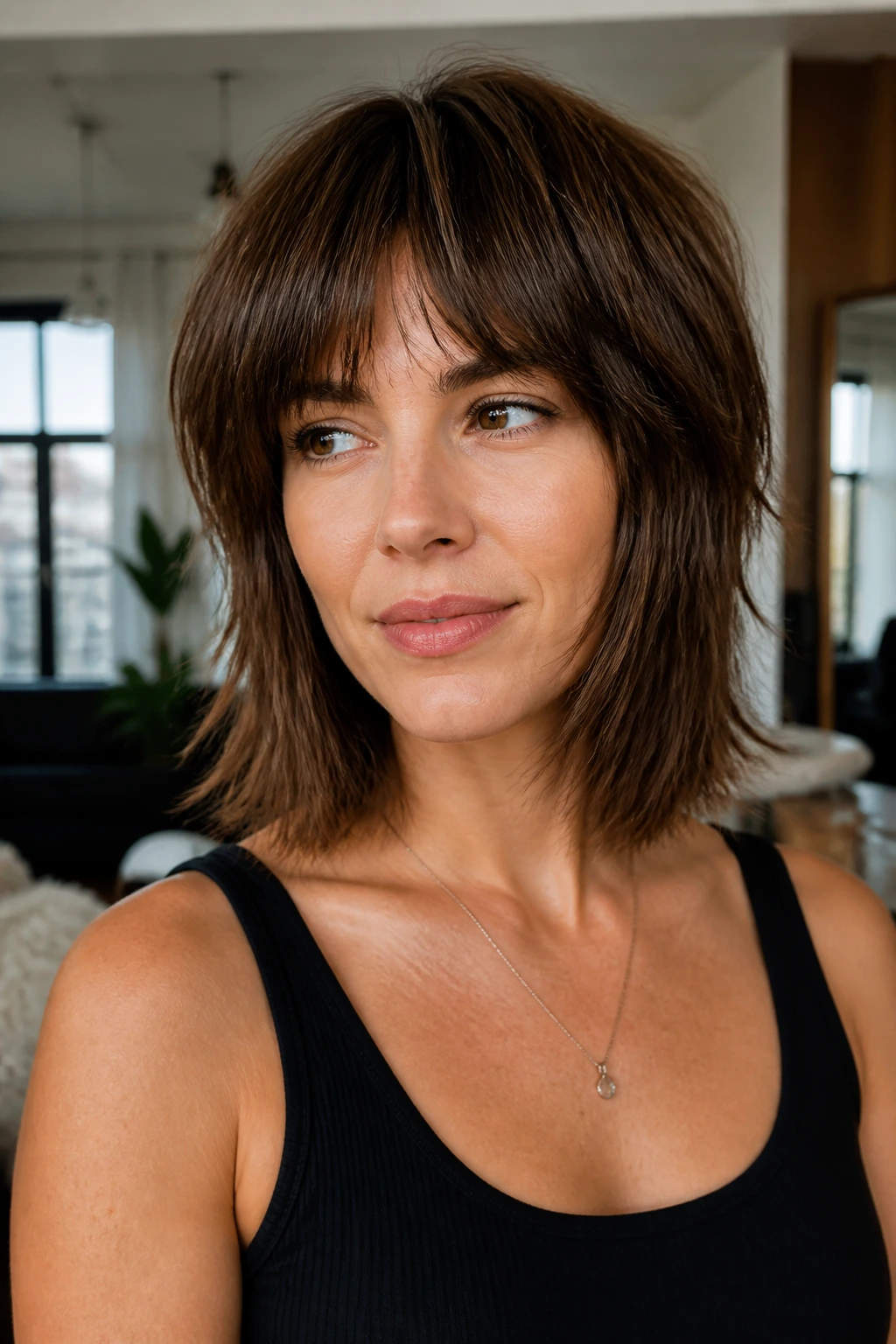 Real woman with blunt-perimeter shag highlighting blunt outer edge and soft inner layers.