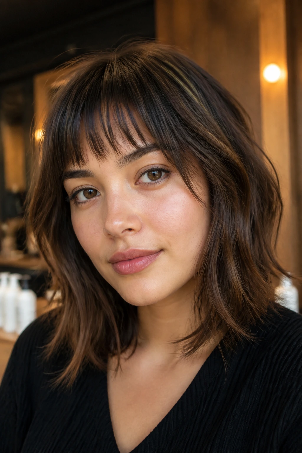 Close-up of a real woman with blunt-to-piecey fringe in a chic salon lounge