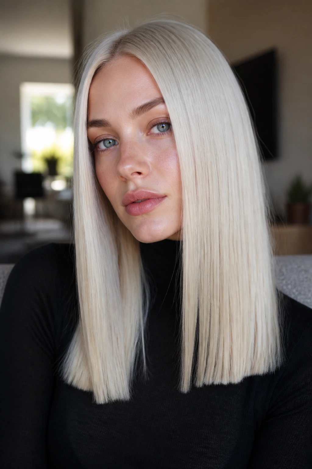 Close-up portrait of a person with long blunt-ended platinum hair