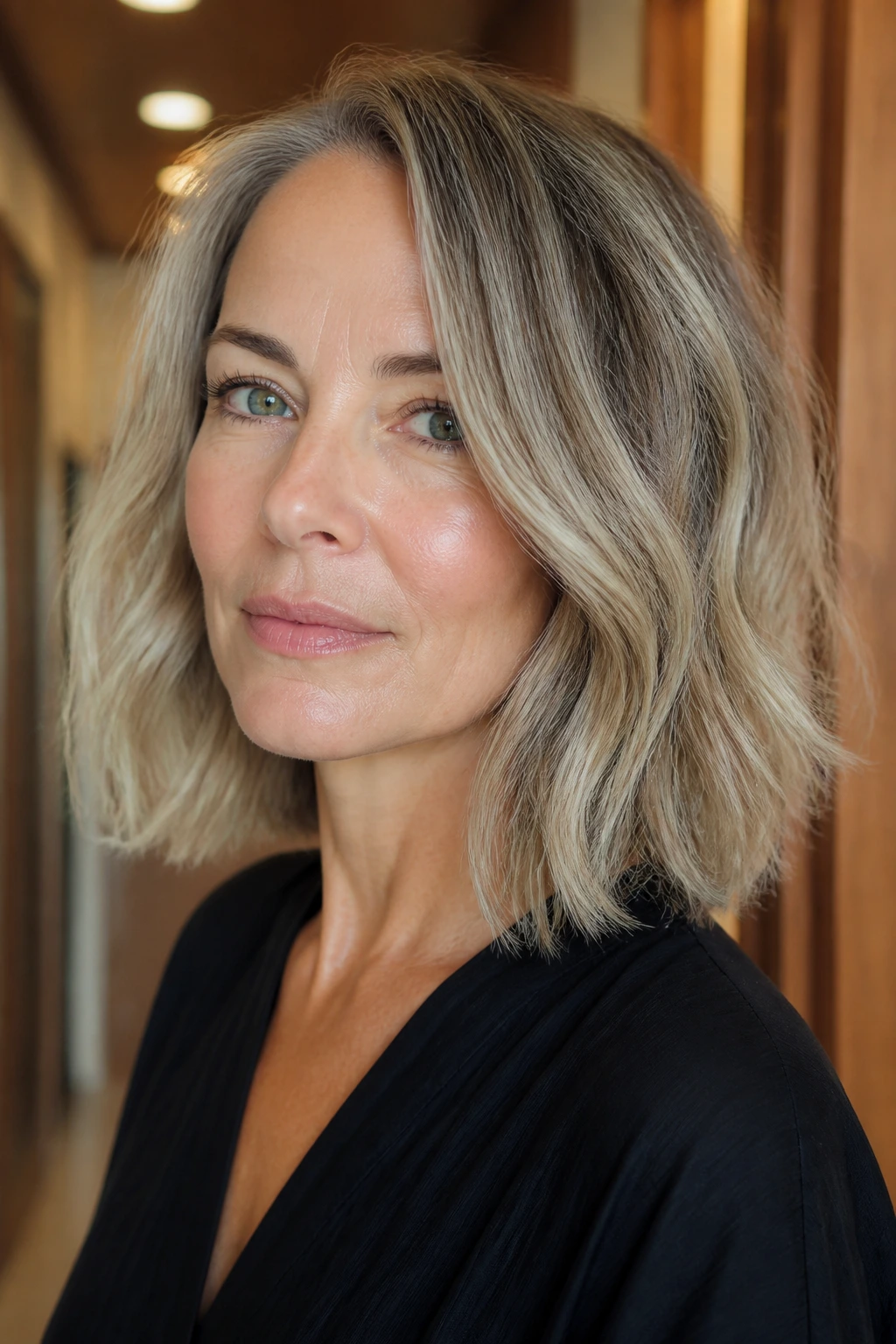 Real woman with blunt shoulder bob light ends
