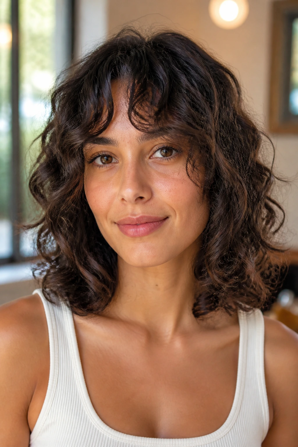 Real woman with shoulder-length blunt curly hair and long curtain bangs