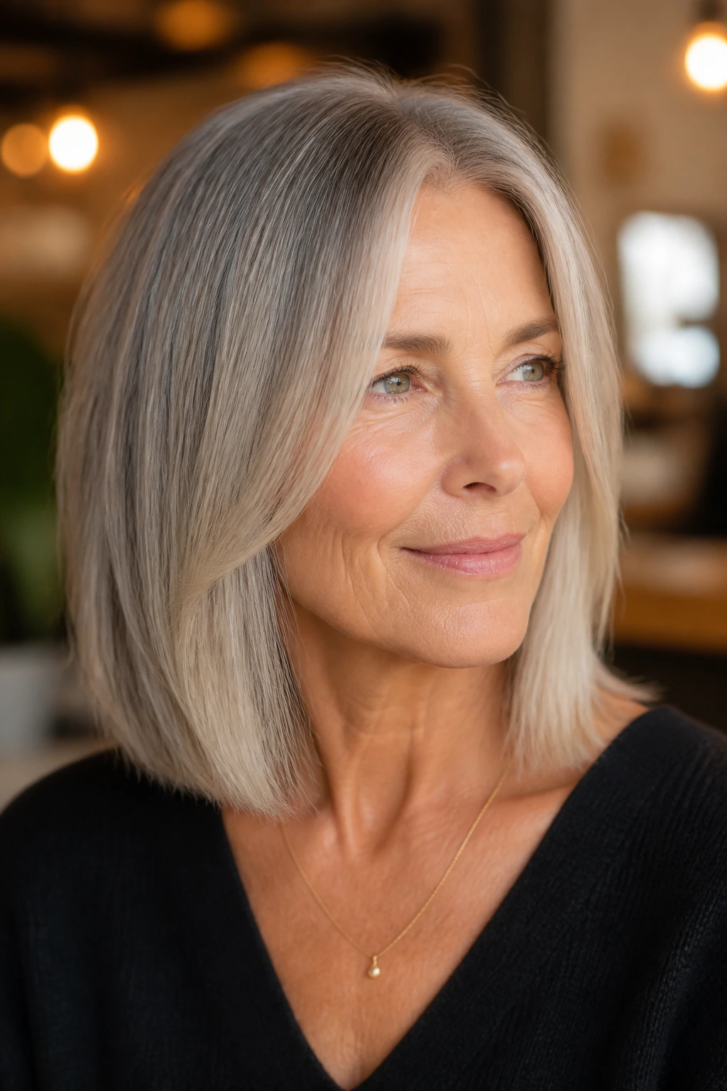 Close-up of a real woman with blunt shoulder-length hair and minimal layers