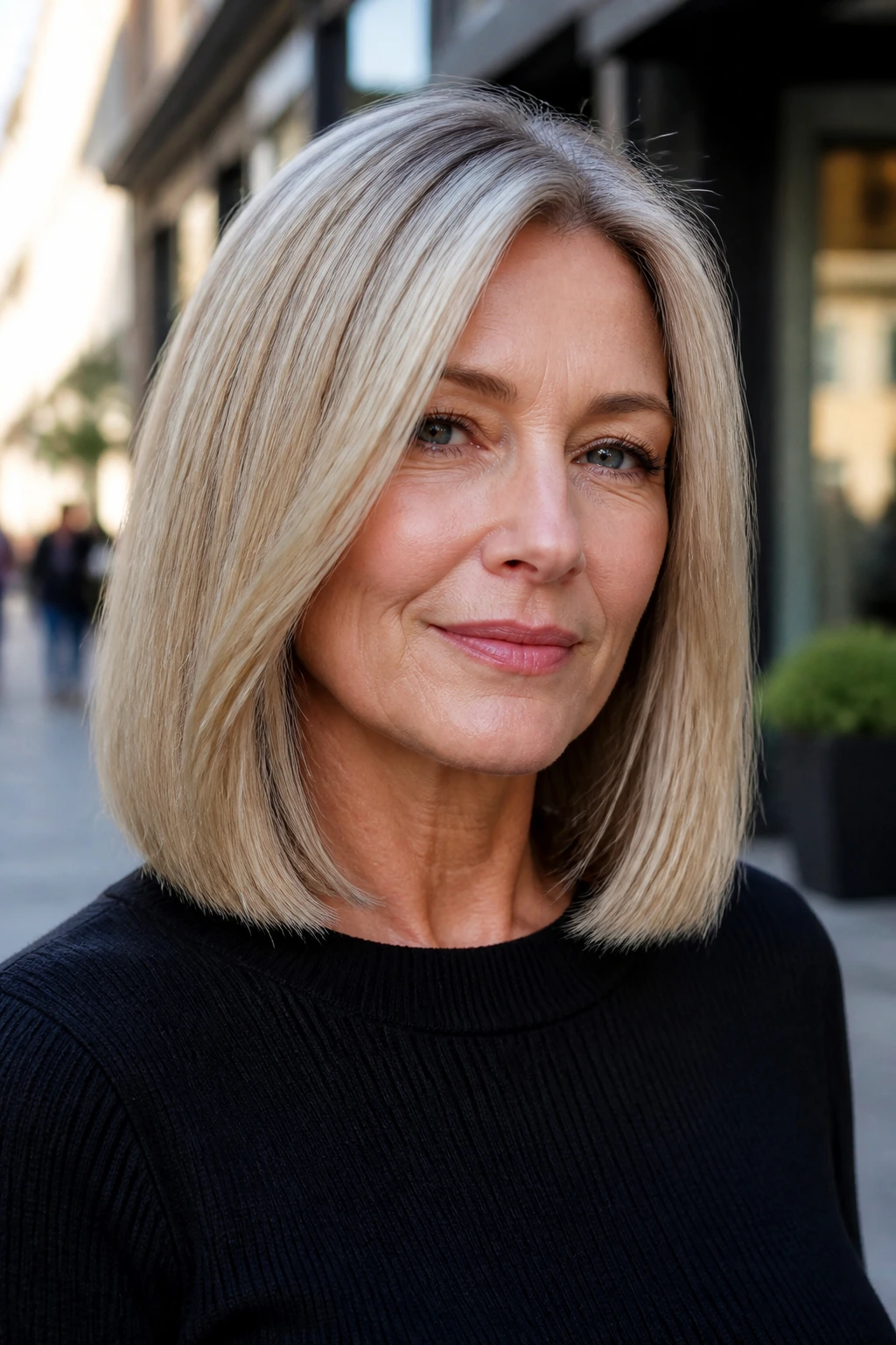 Close-up of a woman with a blunt shoulder cut and hidden layers in ash blonde under daylight