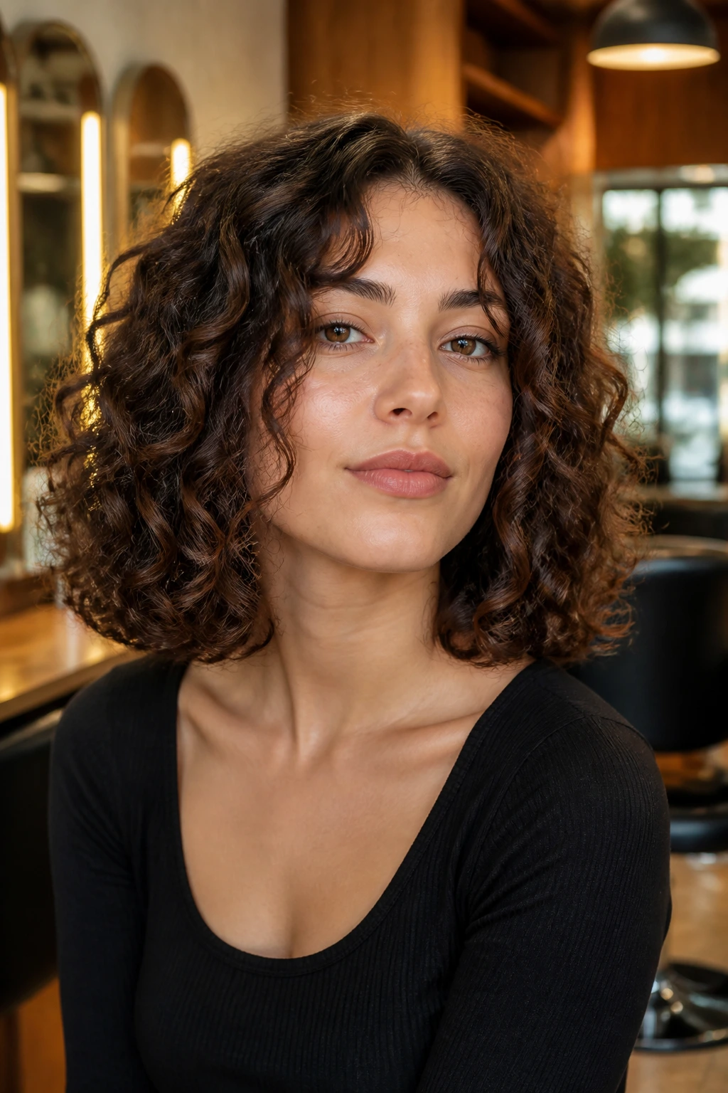 Real woman with blunt shoulder-length curls and a crisp bottom edge in a warm salon setting.