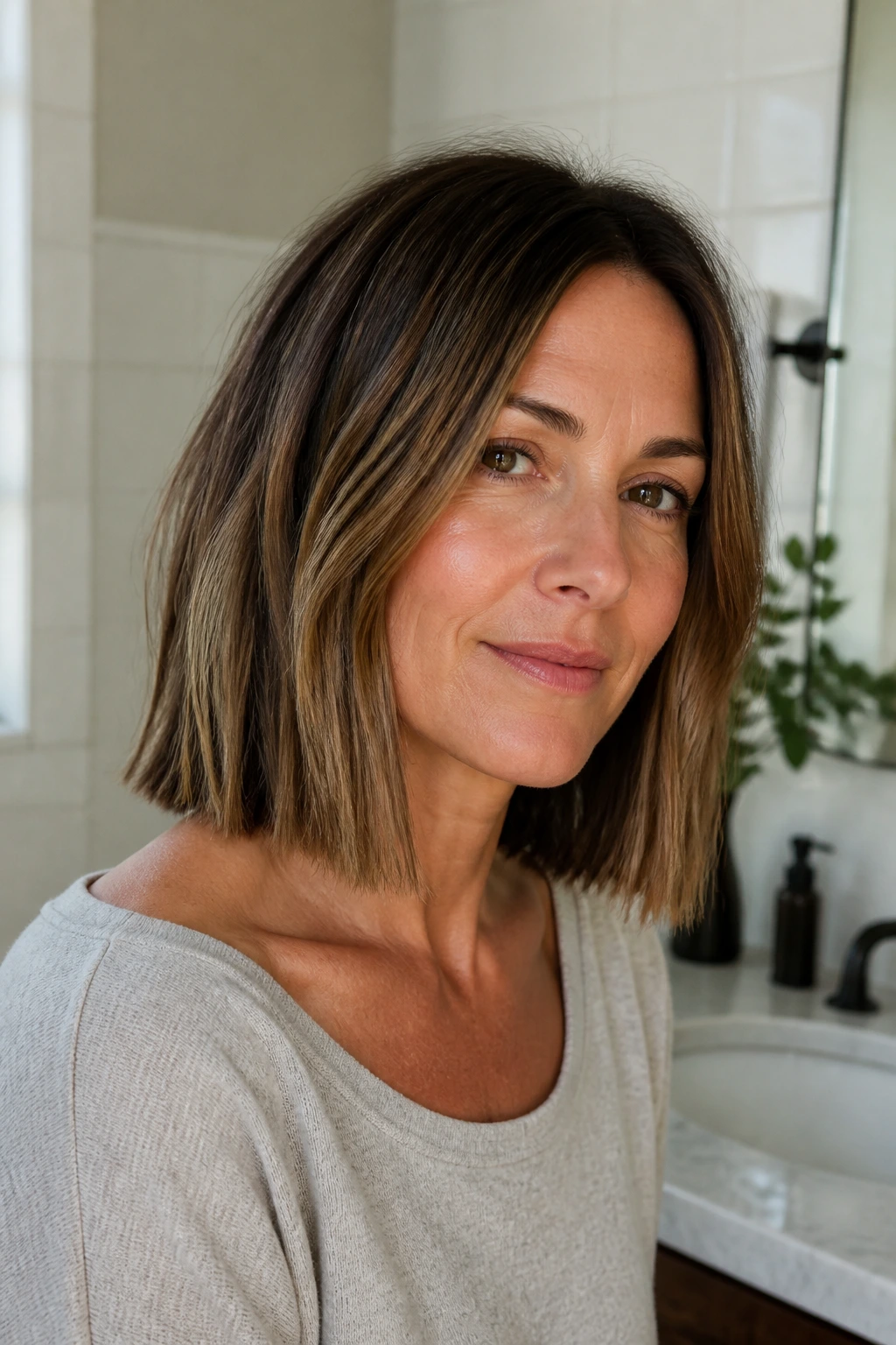 Close-up portrait of a real woman over 40 with blunt shoulder-length cut