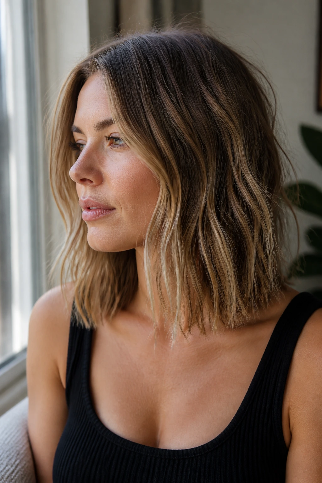 Close-up of a real person with blunt shoulder-length cut and salt texture.