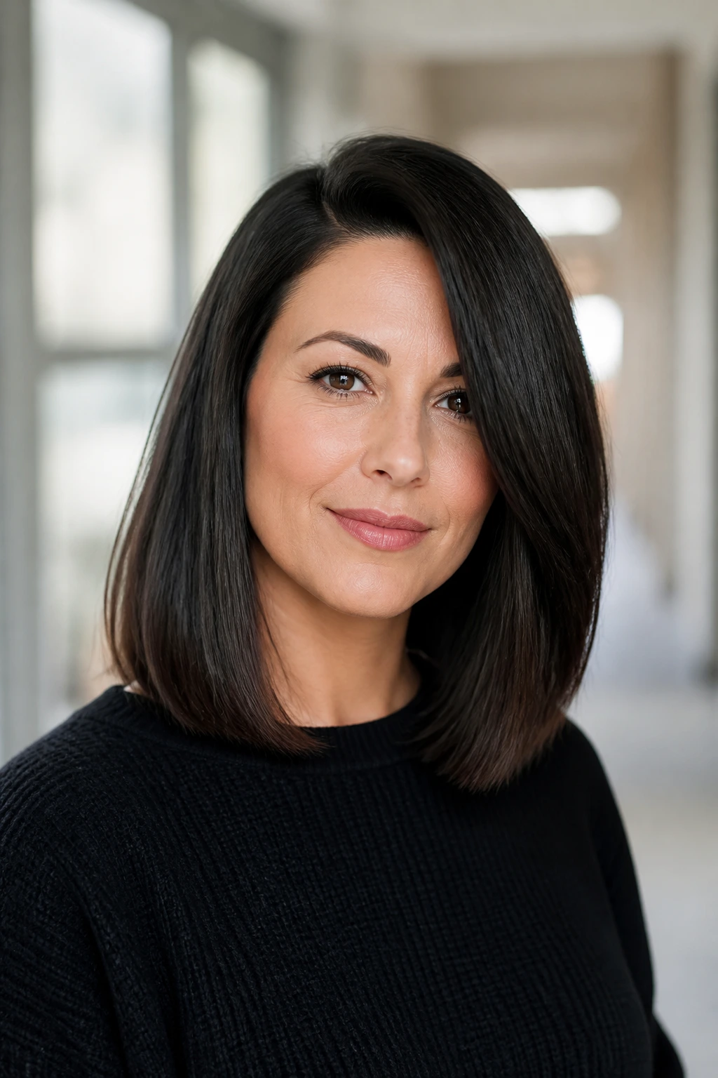 Close-up portrait of a real woman with blunt shoulder-length hair swung to one side