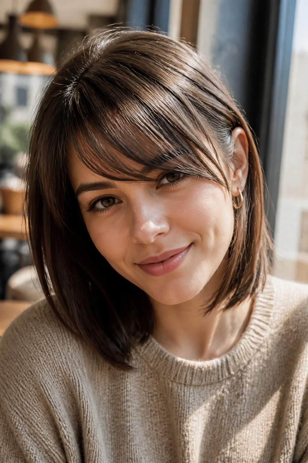 Woman with blunt-start fringe that softens across forehead in natural light
