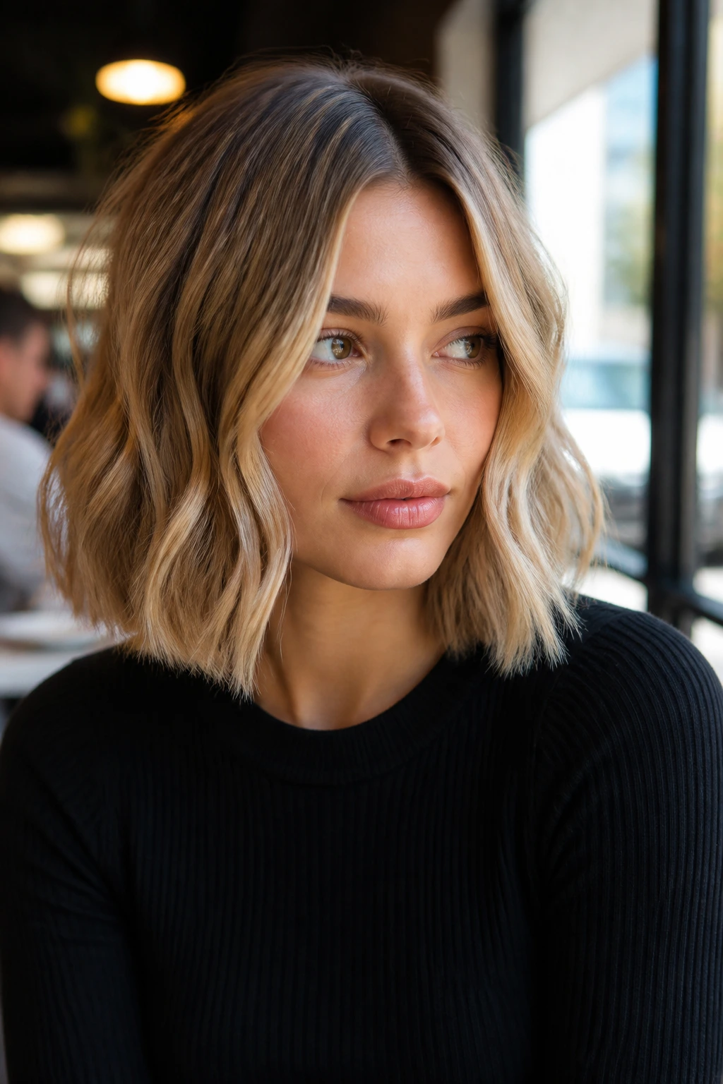 Close-up of a real woman with blunt wavy bob and center part