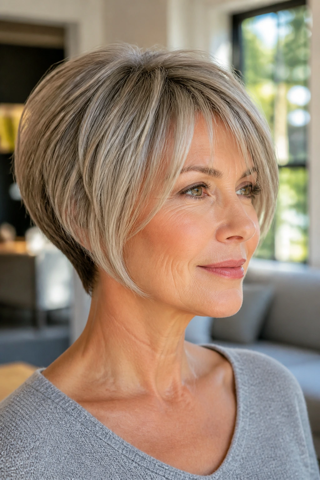 Close-up of a real woman with blunt wedge and airy front pieces