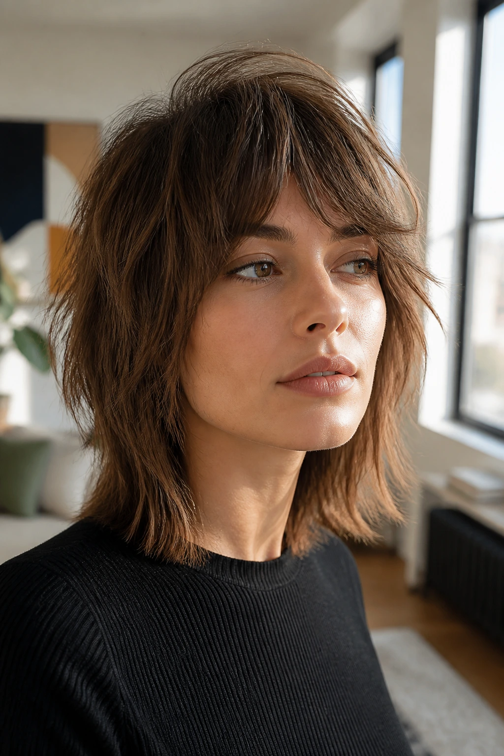 Close-up of woman with bluntish shag featuring feathered top