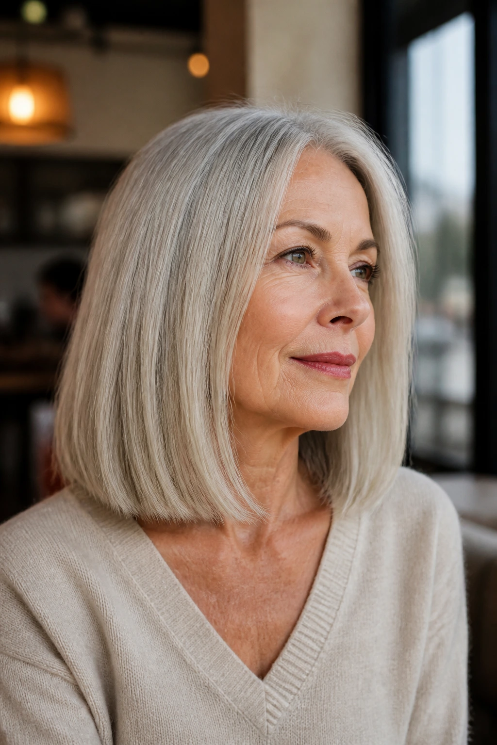 Close-up of a woman with blunt mid-length hair and invisible layers