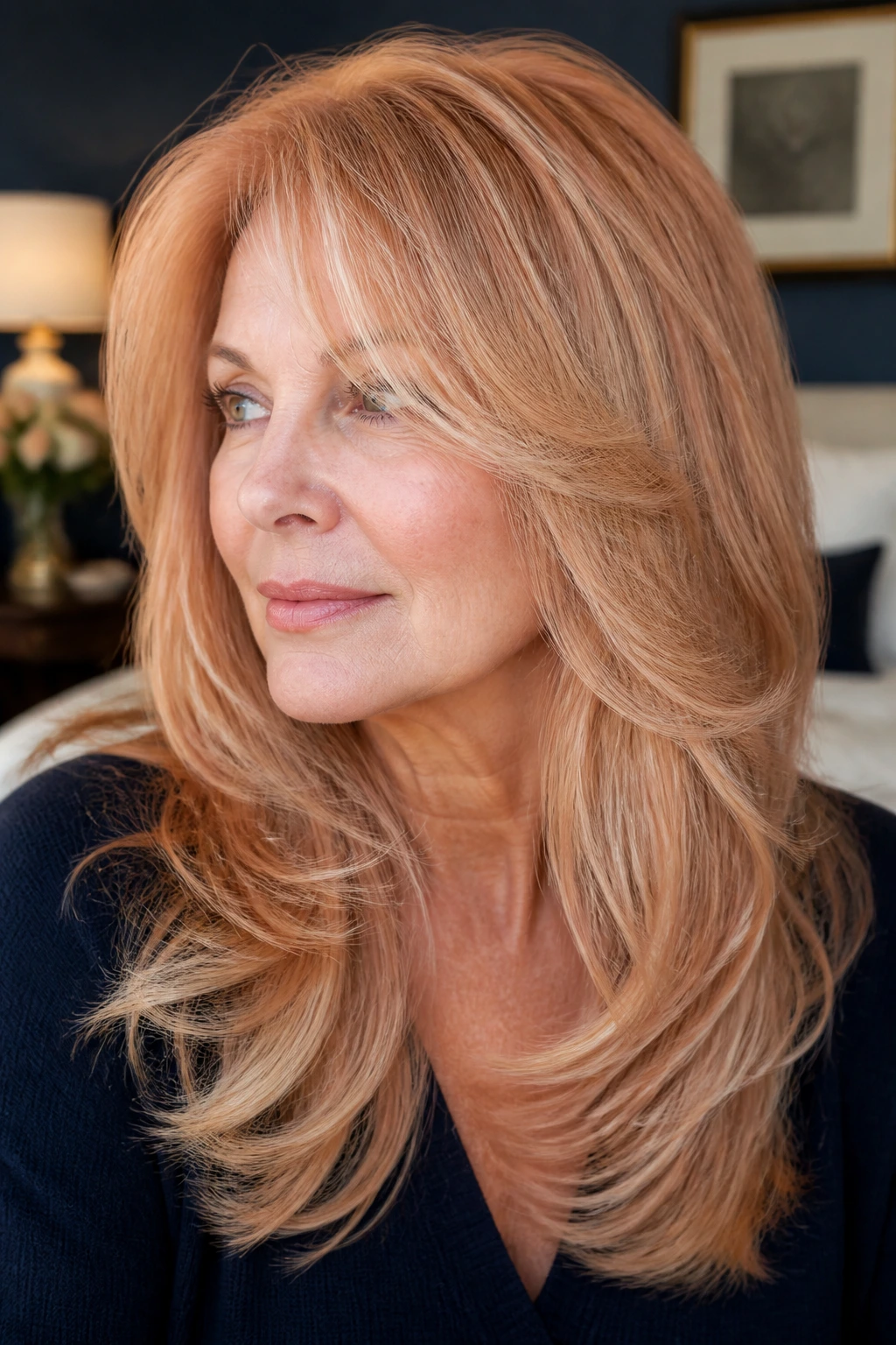 Close-up portrait of a real woman with blush apricot layered hair
