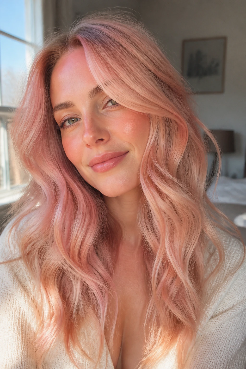 Close-up of a real woman with blush blonde waves framing her face in natural window light