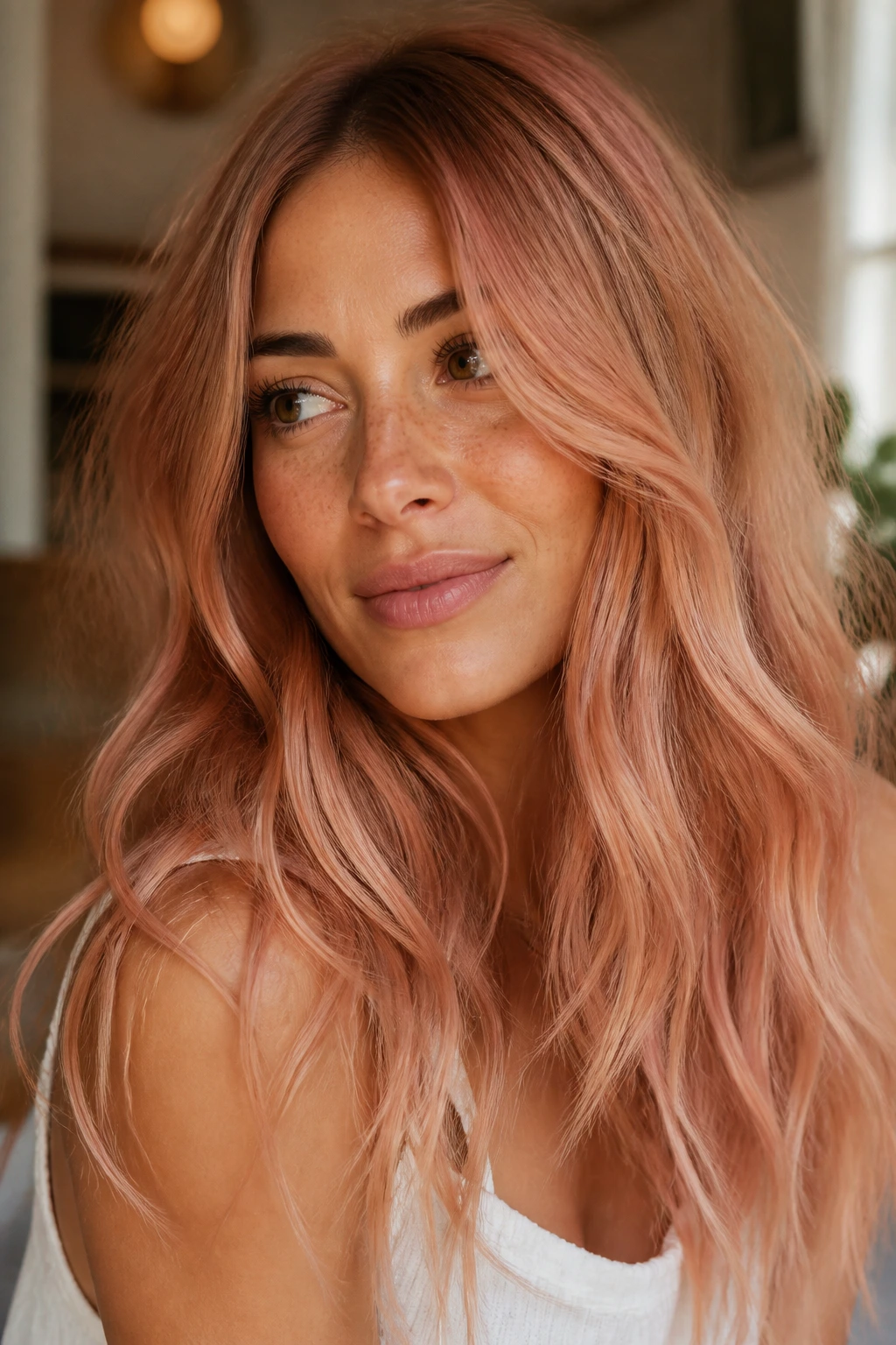 Close-up of a real person with blush ginger blonde hair in soft light