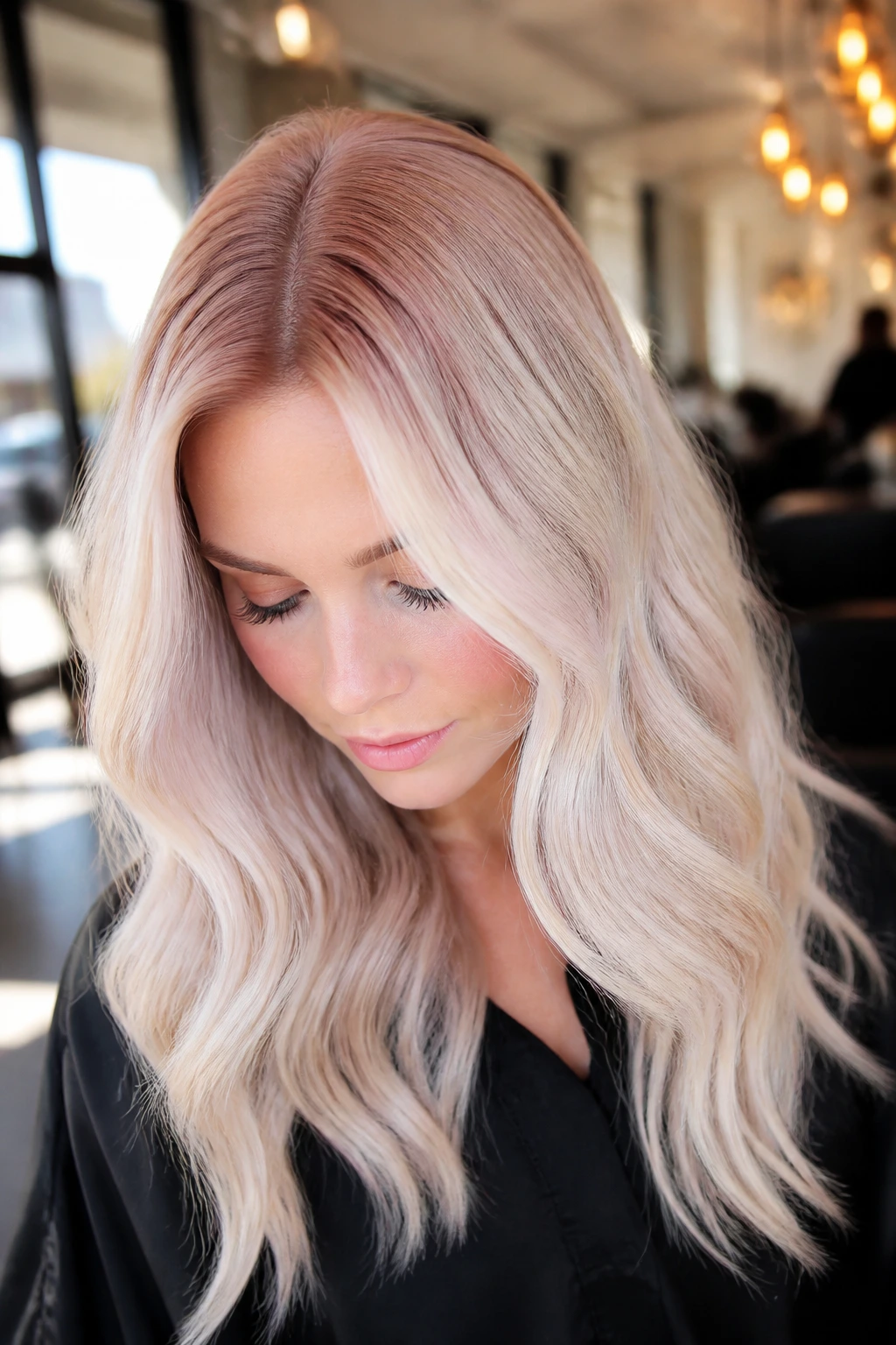 Close-up of real woman with blush root shadow blending rose-brown roots into white blonde
