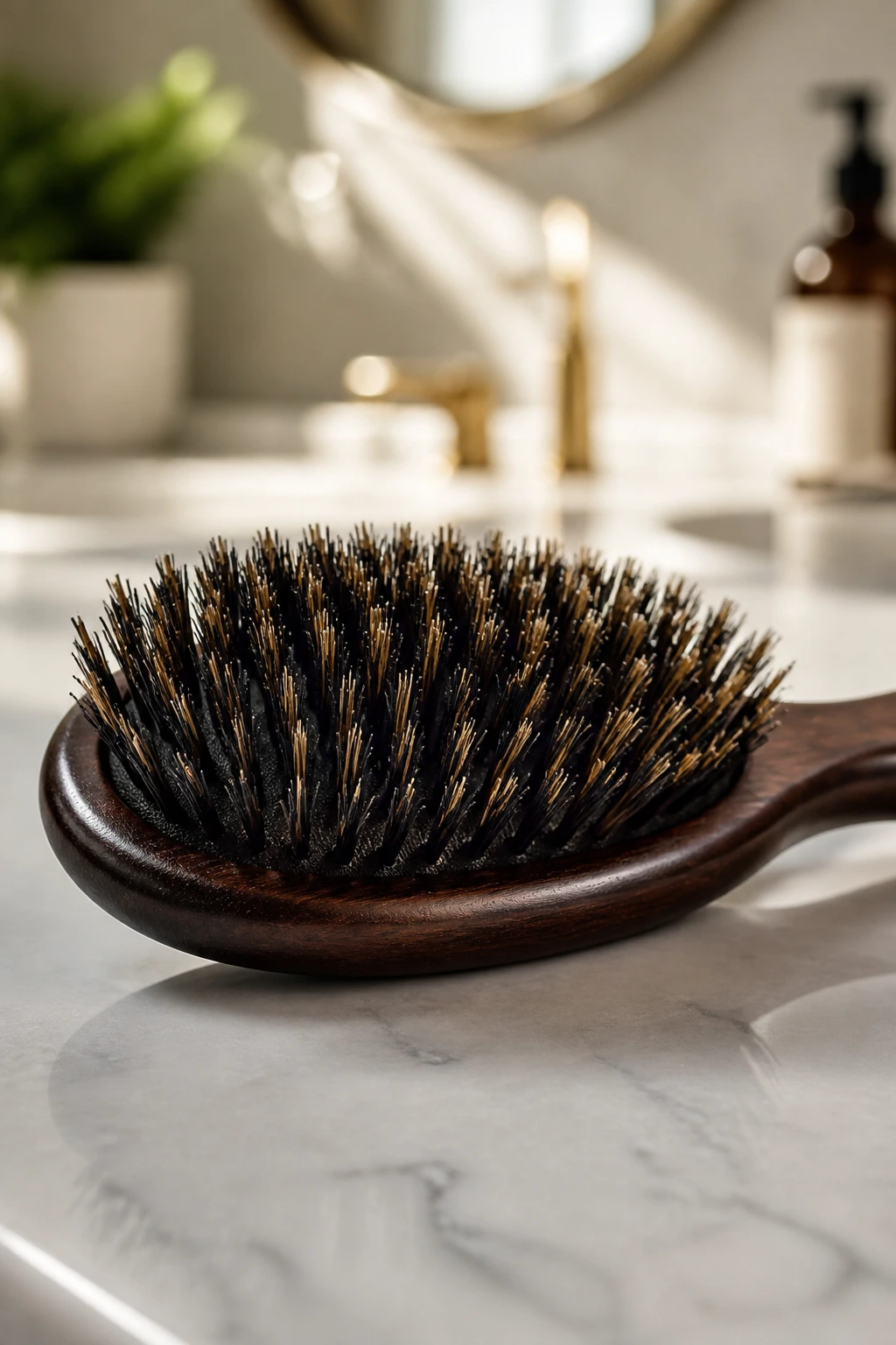 Macro close-up of a boar-bristle brush on a counter.