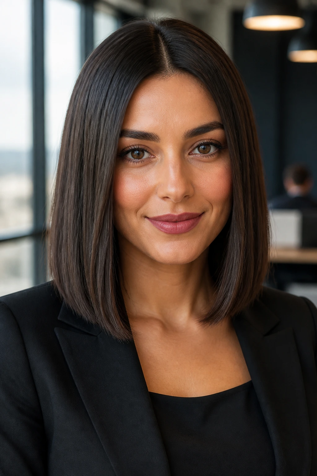 Portrait of a woman with a polished blunt lob in an office setting